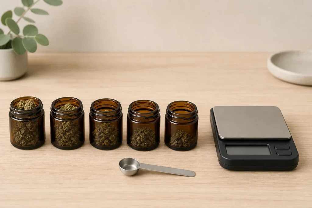 Unbranded cannabis flower containers arranged beside a digital scale