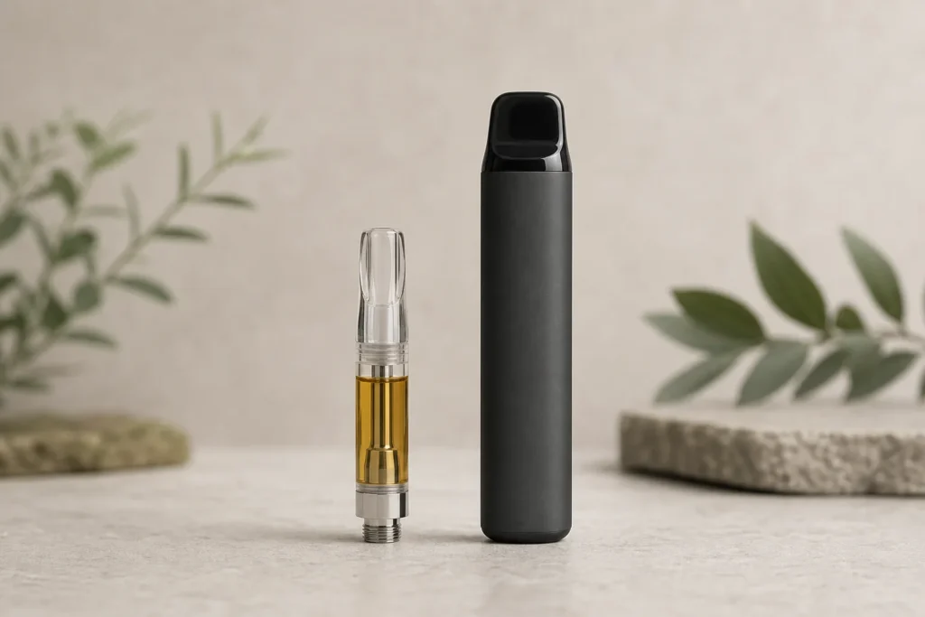 Unbranded cannabis vape cartridge beside an all-in-one disposable device