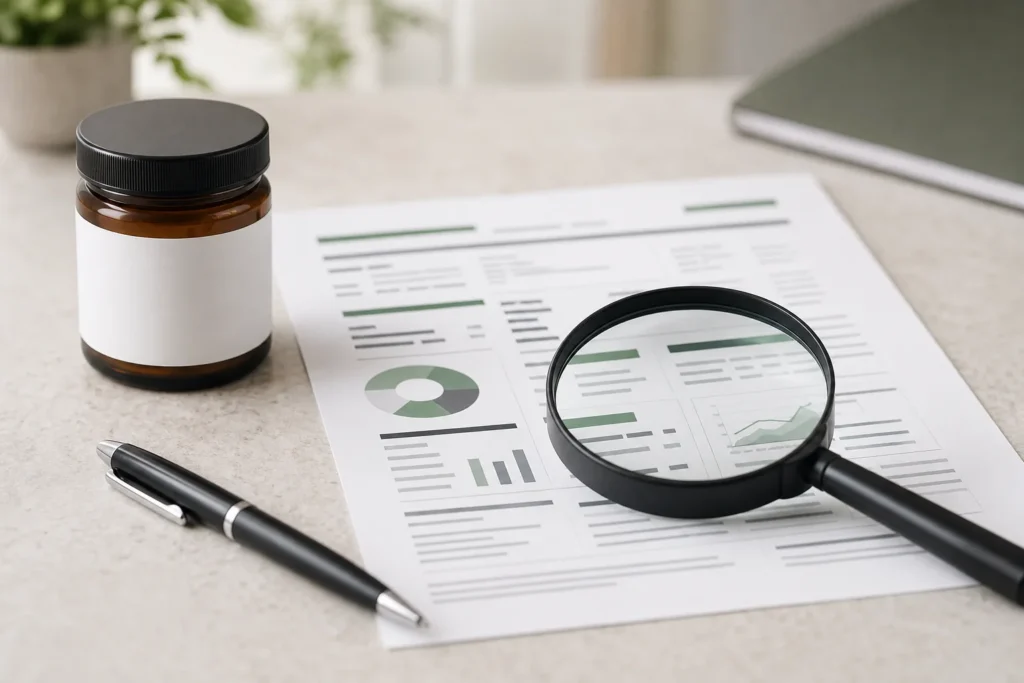 Generic cannabis container beside an example laboratory report