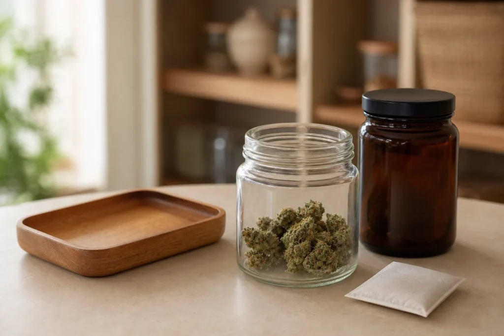 Cannabis flower stored in glass containers away from direct light